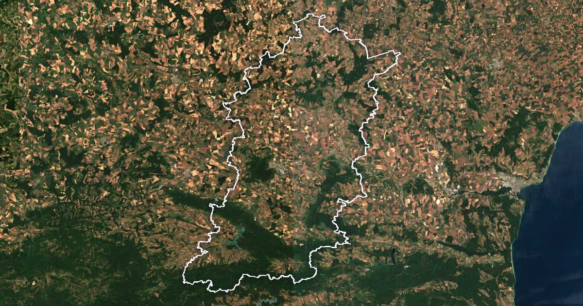 Satelitska snimka s ucrtanom granicom: Oblast Šumen