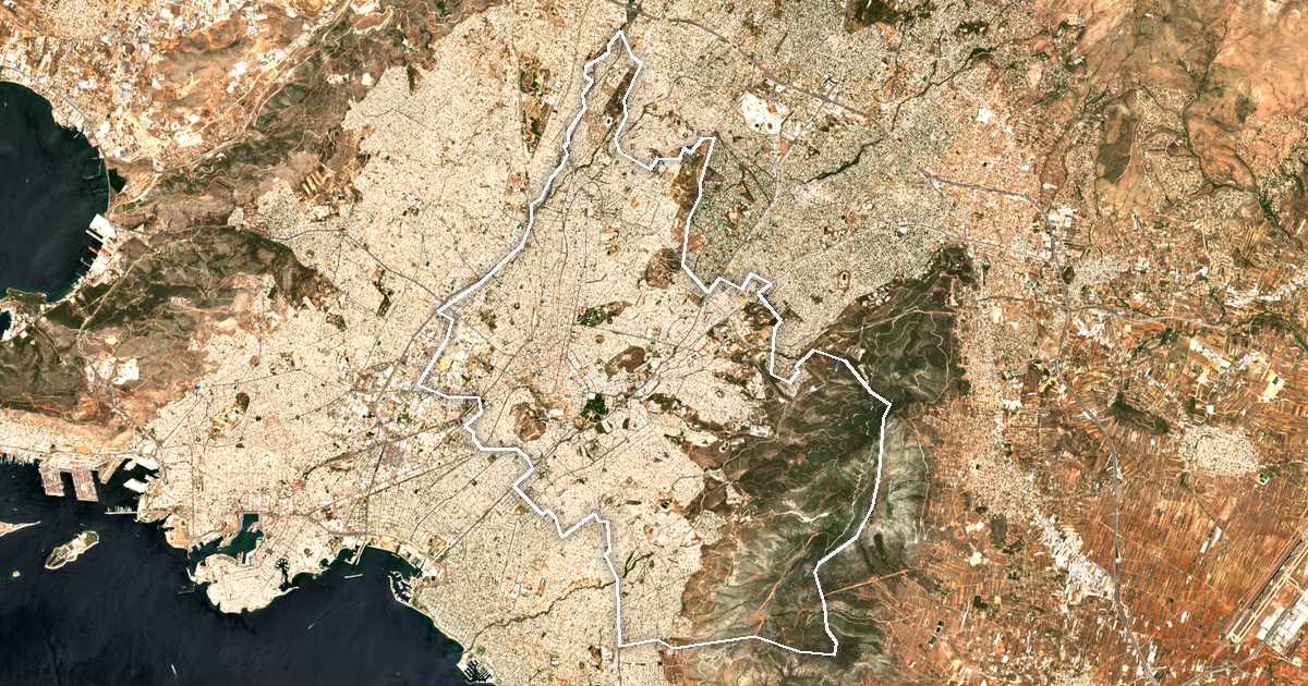Satelitska snimka s ucrtanom granicom: Perifereiakí Enótita Kentrikoú Toméa Athinón