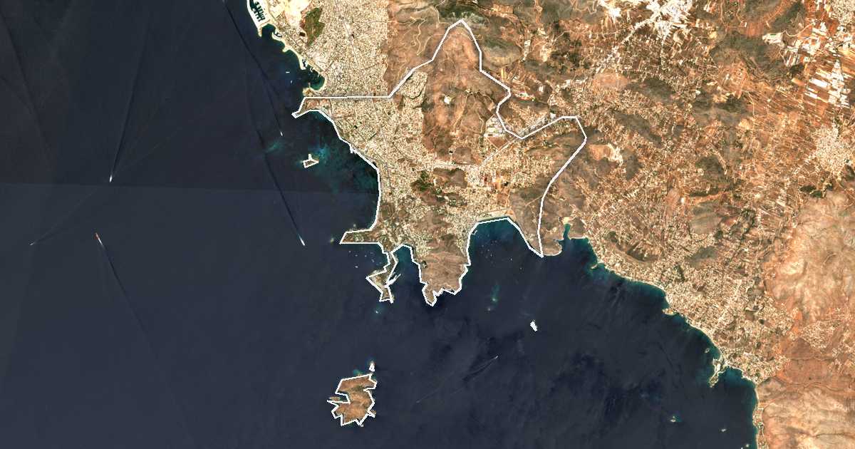 Satelitska snimka s ucrtanom granicom: Dímos Váris - Voúlas - Vouliagménis
