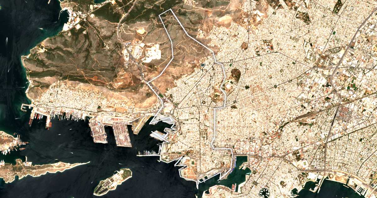 Satelitska snimka s ucrtanom granicom: Dímos Keratsiníou - Drapetsónas