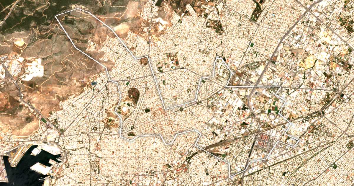 Satelitska snimka s ucrtanom granicom: Dímos Níkaias - Agíou Ioánni Rénti
