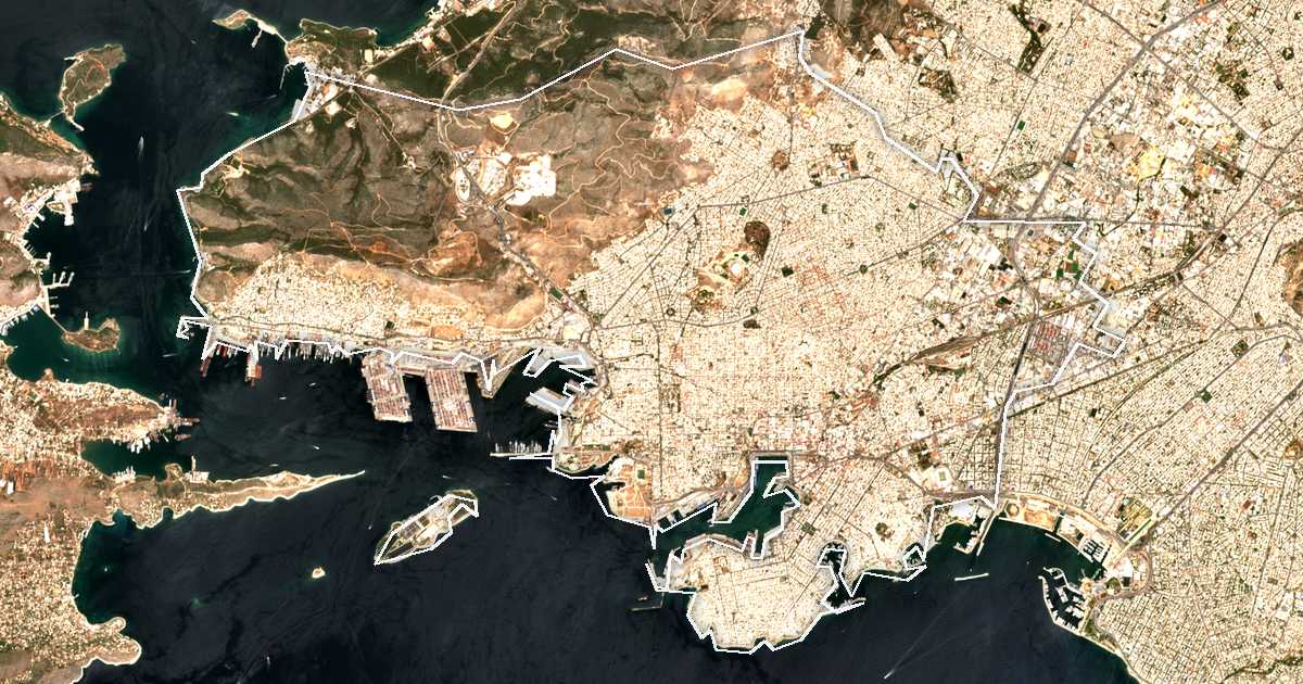 Satelitska snimka s ucrtanom granicom: Perifereiakí Enótita Peiraiós