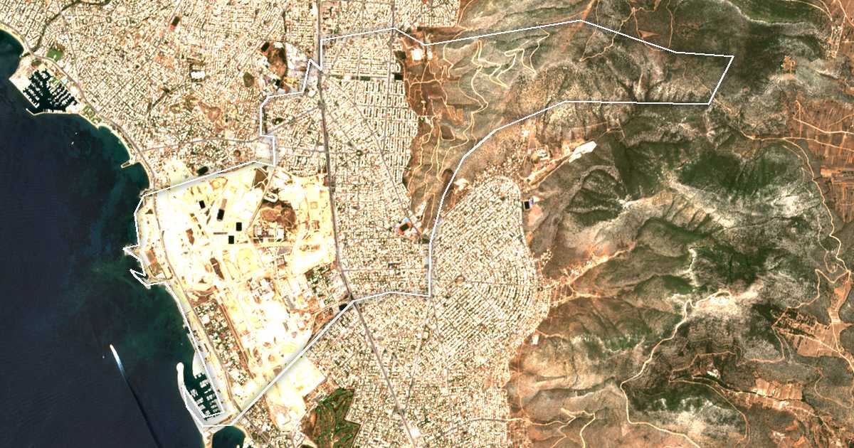 Satelitska snimka s ucrtanom granicom: Dímos Ellinikoú - Argyroúpolis