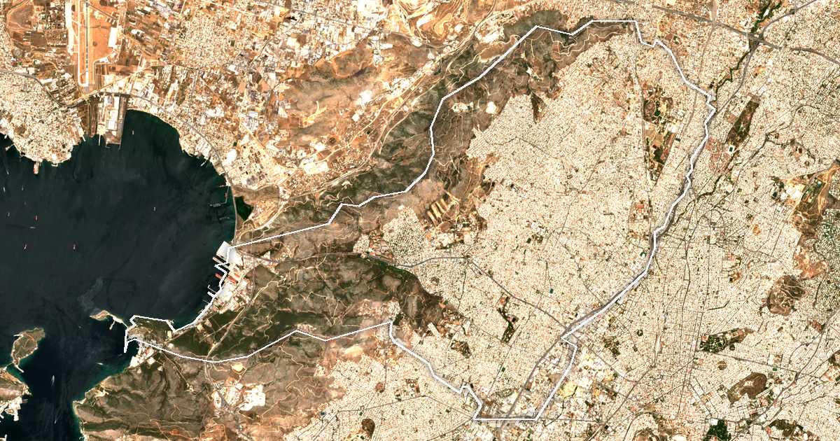Satelitska snimka s ucrtanom granicom: Perifereiakí Enótita Dytikoú Toméa Athinón