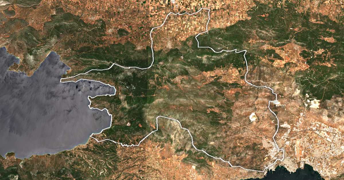 Satelitska snimka s ucrtanom granicom: Dímos Mándras - Eidyllías
