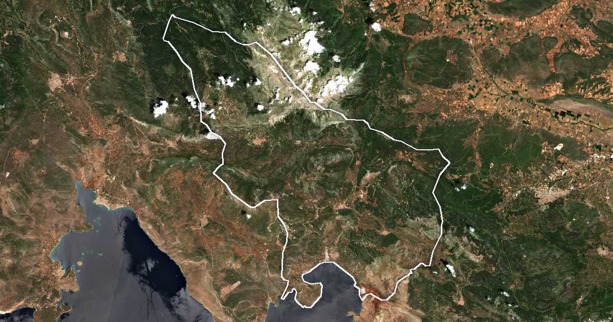 Satelitska snimka s ucrtanom granicom: Dímos Distómou - Aráchovas - Antíkyras
