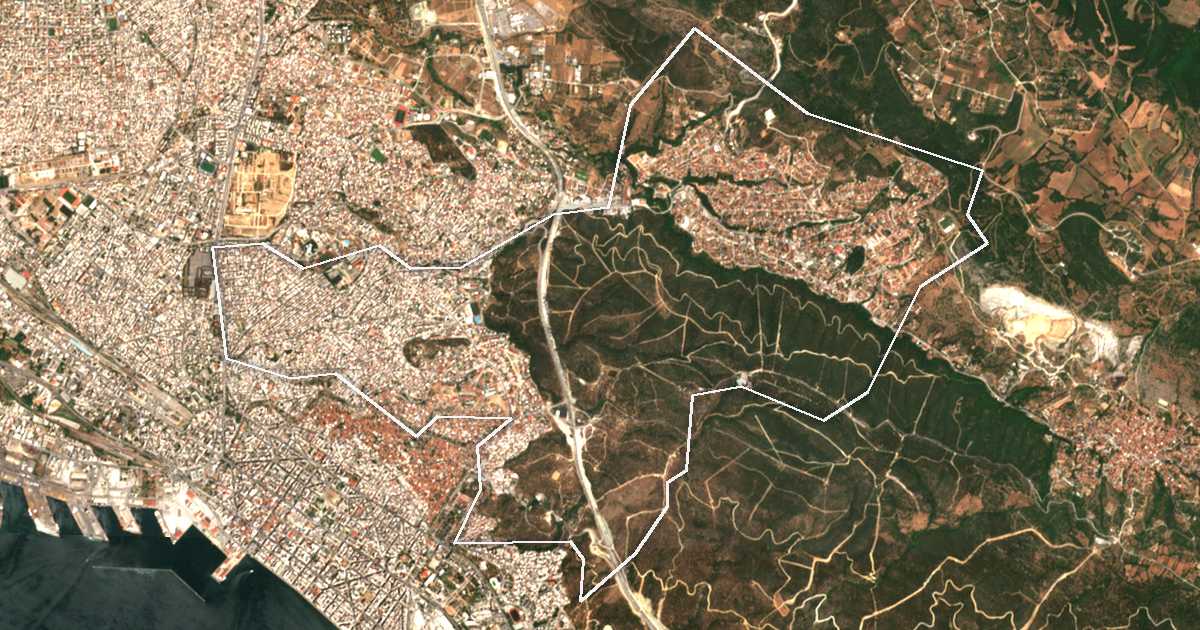 Satelitska snimka s ucrtanom granicom: Dímos Neápolis - Sykeón