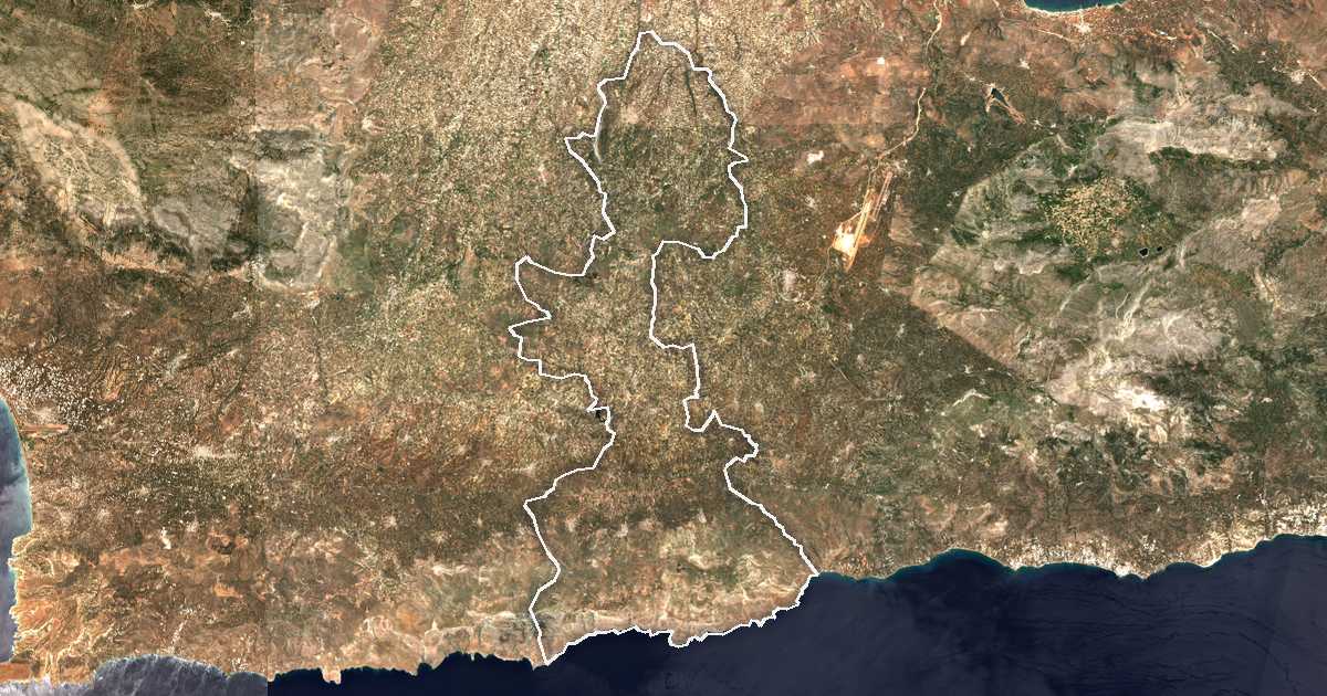 Satelitska snimka s ucrtanom granicom: Dímos Archanón - Asterousíon