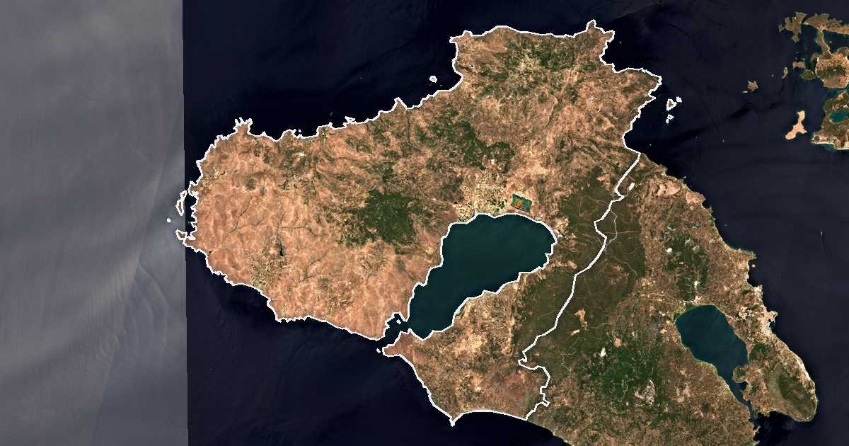 Satelitska snimka s ucrtanom granicom: Dímos Dytikís Lésvou